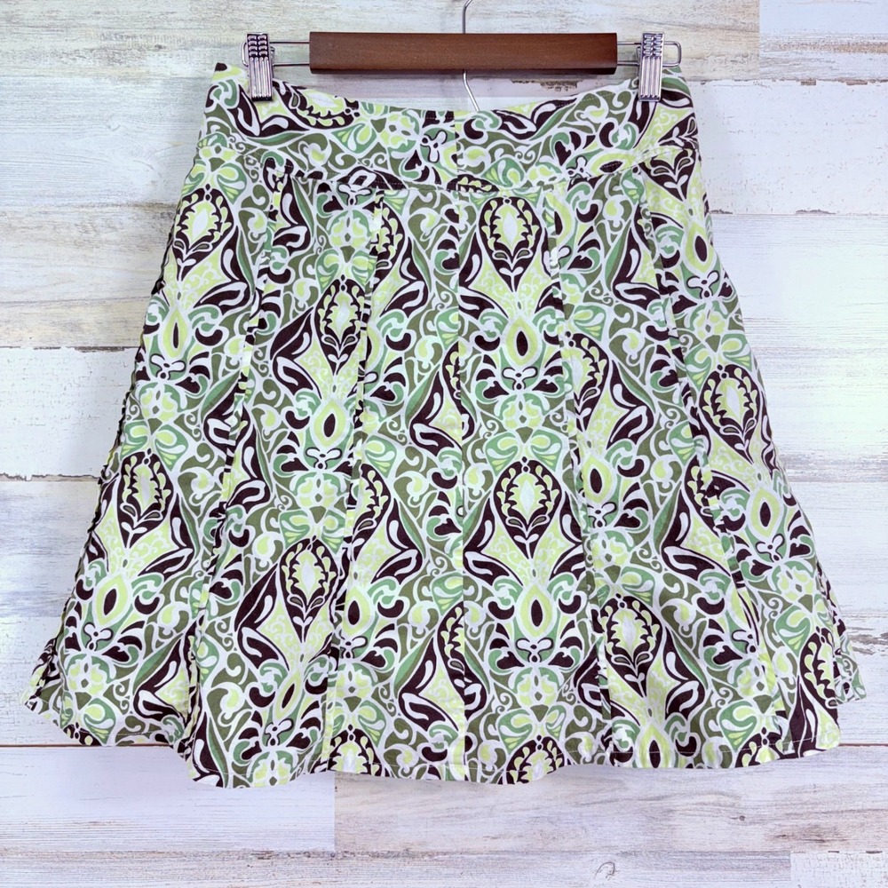 Ann Taylor Petite‎ Skirt Womens 2P Green Brown White Damask Print Full Cotton